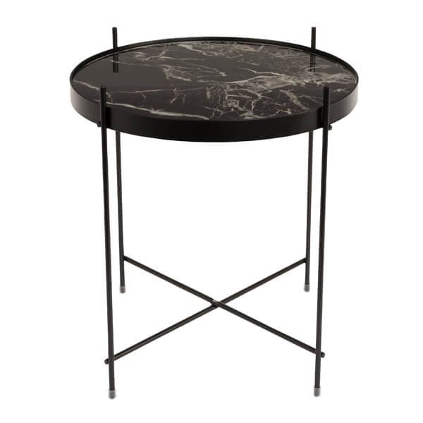 mesa auxiliar con sobre de cristal templado y marmol con base de metal de  color negra