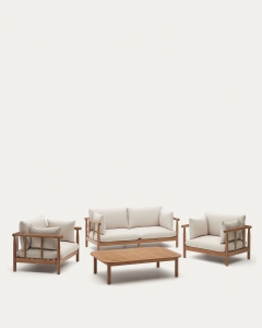 Set Sacova 2 sillones, sofá 2 plazas y mesa de centro madera maciza de eucalipto FSC 100%